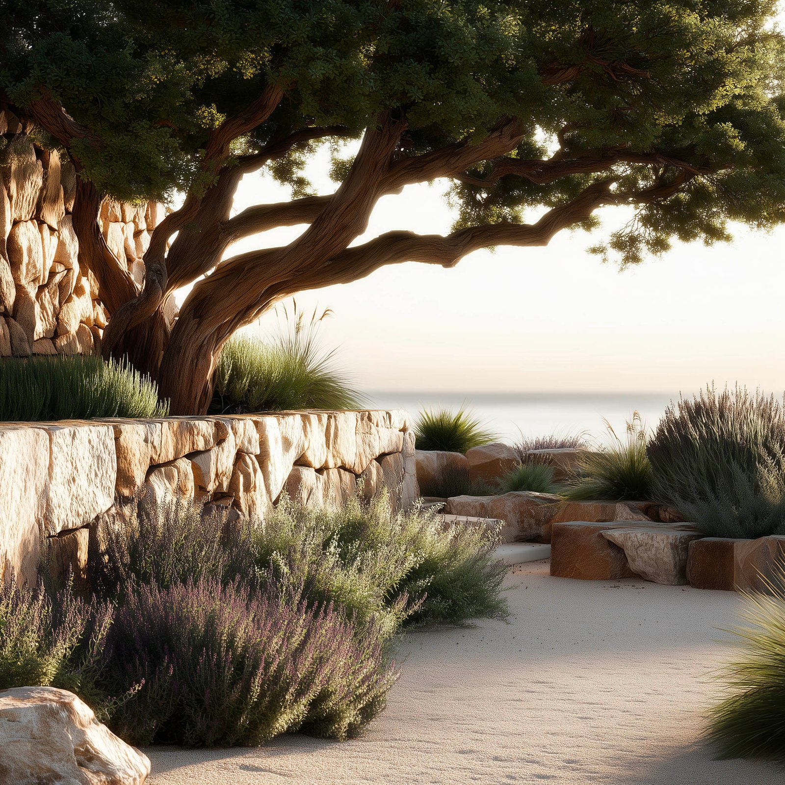 Immersive garden pathway with filtered light, aromatic plants and natural textures, expressing a multisensory landscape experience.